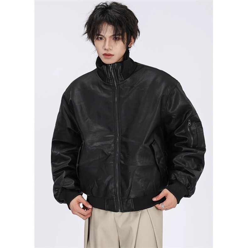 短款宽松座山雕飞行员PU夹克皮毛一体外套加绒棉服男MS5031,男装夹克,星座1116A（原606A-3）