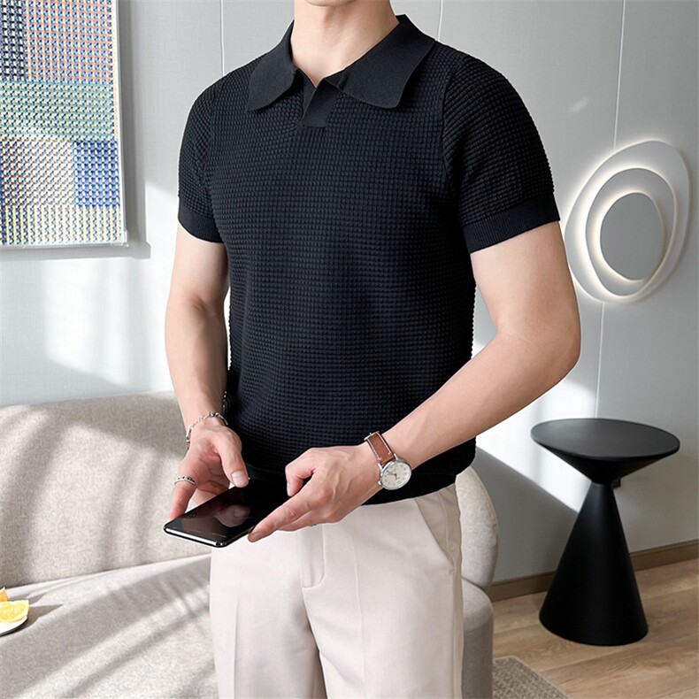 短袖POLO衫男夏季薄款针织翻领T恤休闲纹理透气衫上衣T092-P48，男装Polo衫，星座308B-2