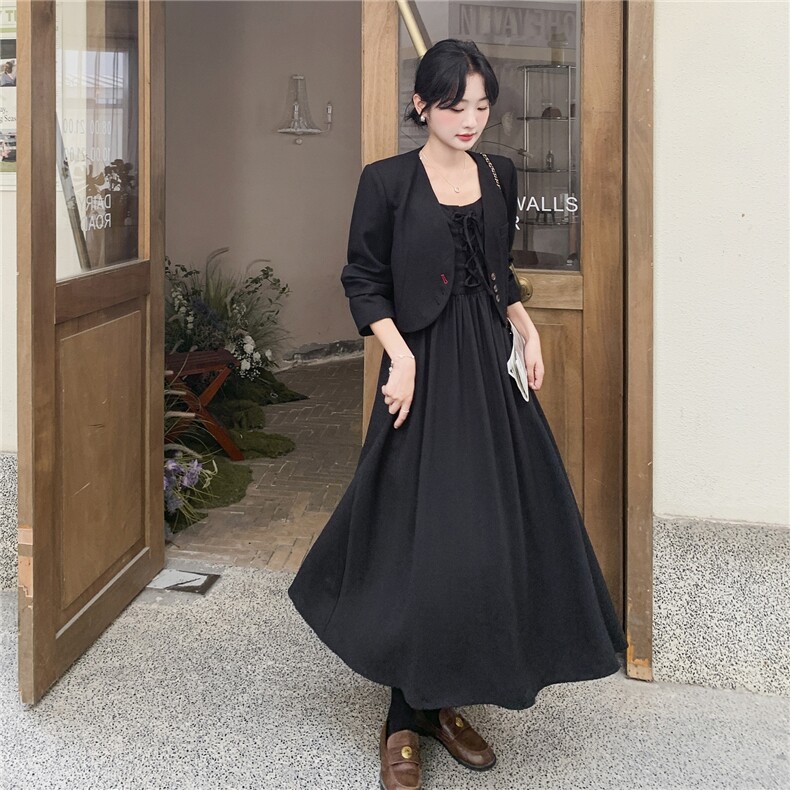 法式优雅黑色西装吊带连衣裙套装女春秋韩系绝美两件套爆款高级感图片