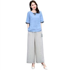时尚绣花苎麻阔腿裤套装女2024年夏季休闲宽松高端妈妈棉麻两件套，女装套装/套裙，凝聚力