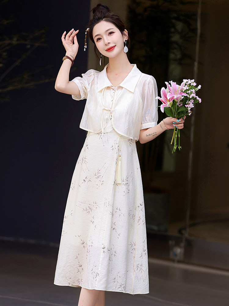 现货夏天新中式连衣裙女新款盘扣上衣吊带裙两件套改良旗袍连衣裙,女装套装/套裙,韩美纤衣