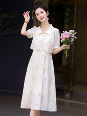 现货夏天新中式连衣裙女新款盘扣上衣吊带裙两件套改良旗袍连衣裙，女装套装/套裙，韩美纤衣