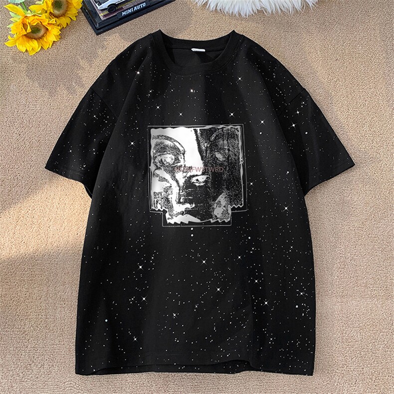 可48小时发货支持抖音得物来样二开美式满天星亮片短袖T恤MTX657,男装T恤,电商A486-1