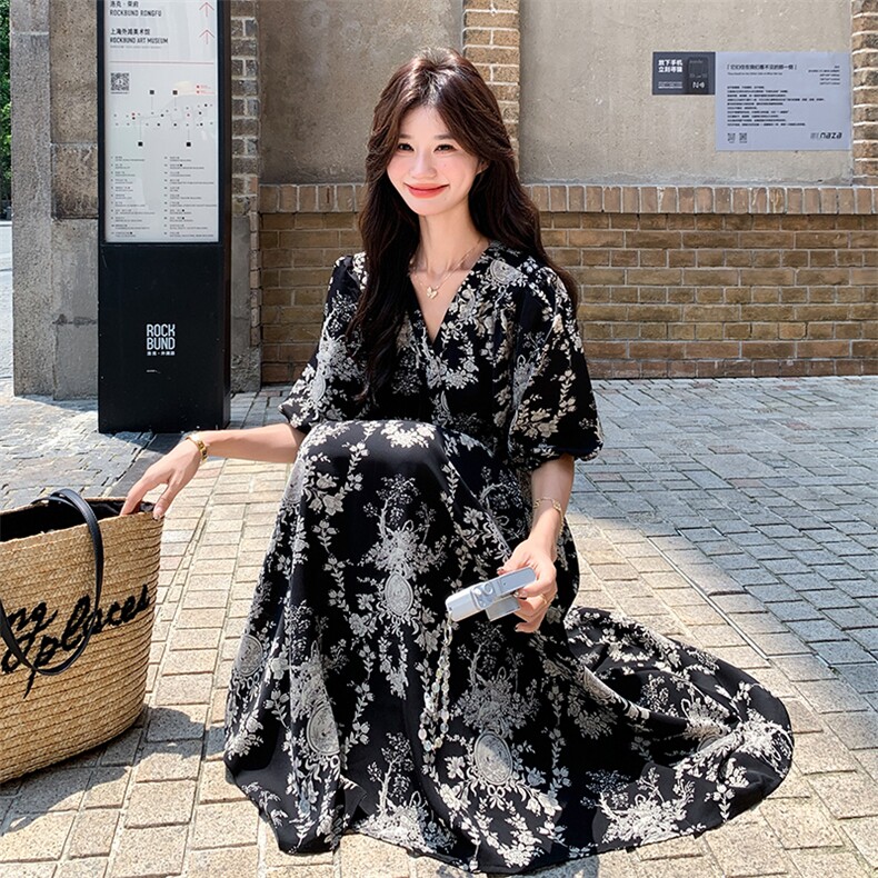 法式复古气质抽绳收腰碎花连衣裙女2025年夏季高级感洋气显瘦长裙,女装连衣裙,2C122
