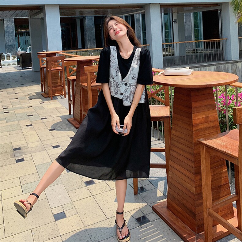 黑色拼接马甲假两件连衣裙女夏2025新款时尚宽松减龄超好看茶歇裙,女装连衣裙,2C129