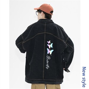 2021秋季新日系大码男镭射炫彩蝴蝶反光印花牛仔夹克外套NJ126P70图片