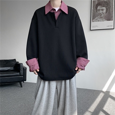 M-8XL美式假两件格子拼接翻领卫衣大码polo领长袖T恤衫WY5110/P58，男装T恤，电商B238