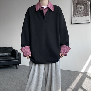 M-8XL美式假两件格子拼接翻领卫衣大码polo领长袖T恤衫WY5110/P58图片