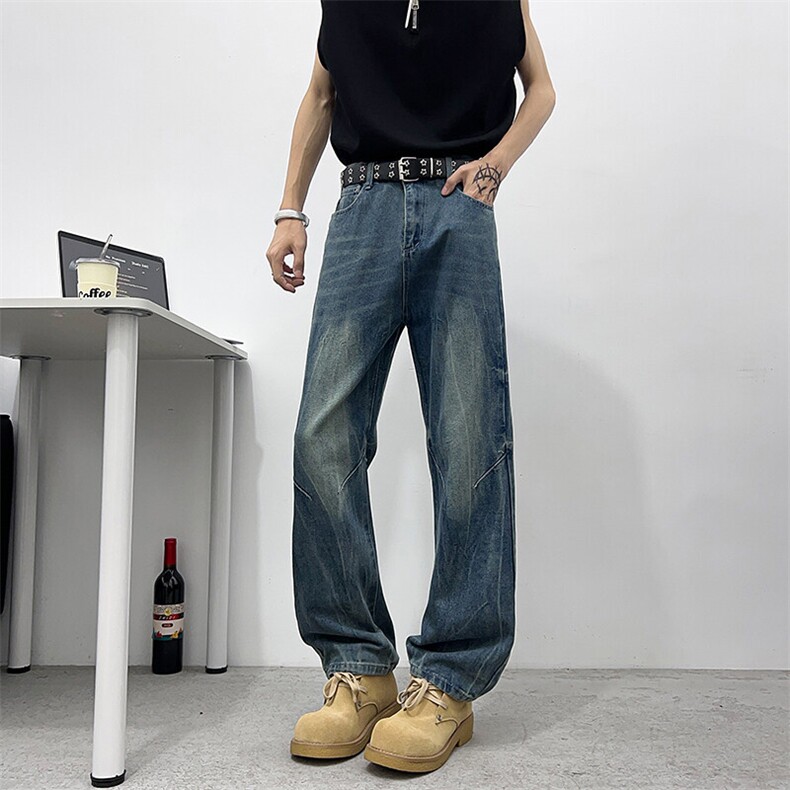 美式复古弯刀牛仔裤新款宽松垂感长裤男士潮牌直筒休闲裤HG83P42,男装牛仔裤,星座1013-1