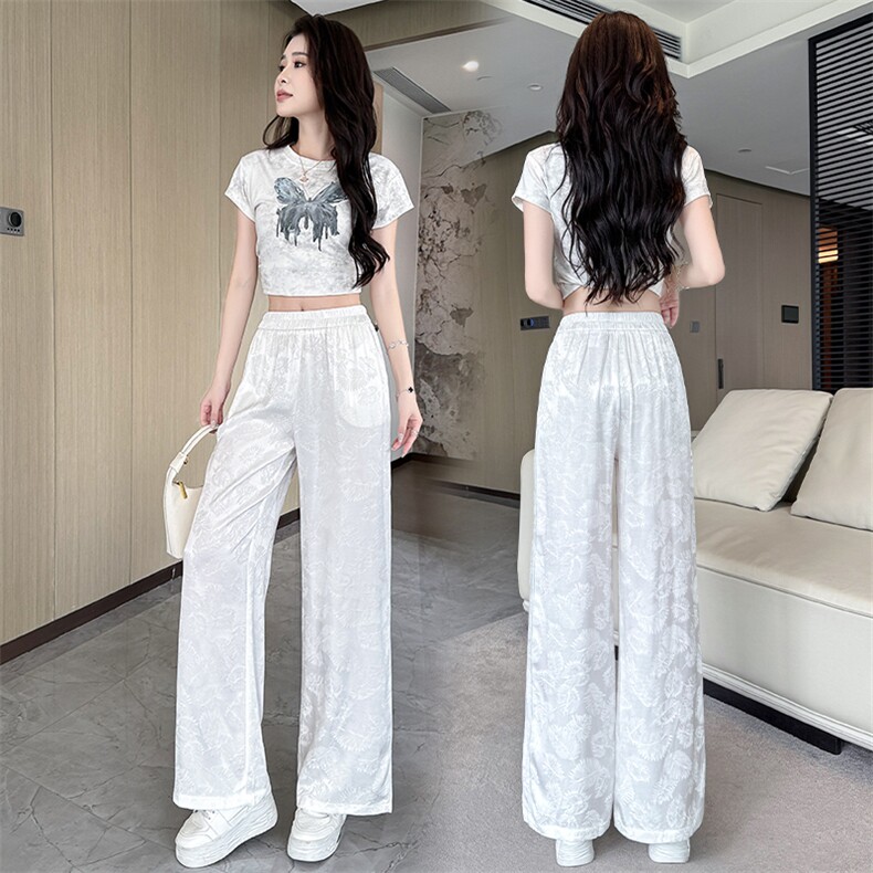 水衣源2247款夏季新款缎面提花垂感凉爽阔腿裤女显瘦中式长裤，女装休闲裤，水衣源