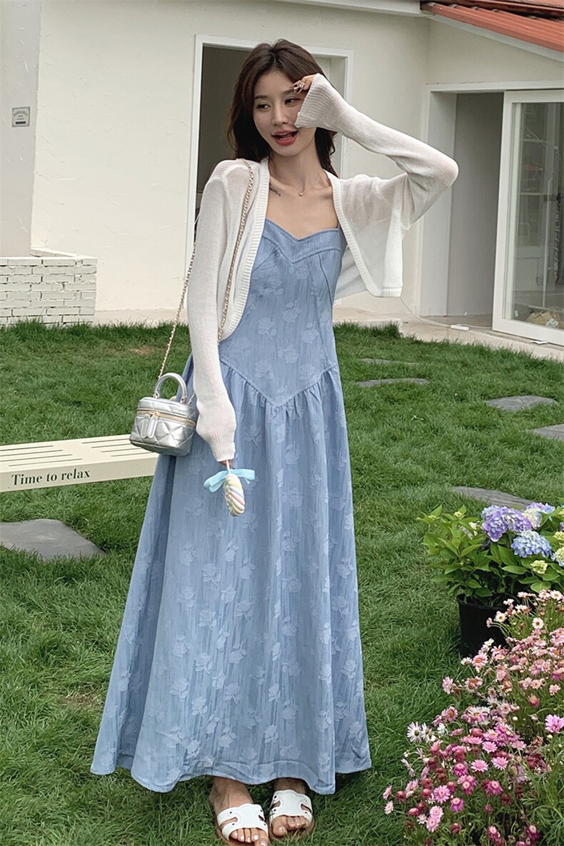 温柔风蓝色吊带裙套装女2025夏新款法式针织开衫提花连衣裙两件套,女装连衣裙,2C269