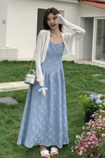 温柔风蓝色吊带裙套装女2025夏新款法式针织开衫提花连衣裙两件套，女装连衣裙，2C269