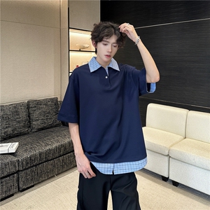 藏青色假两件短袖男款夏季潮牌衬衫拼接t恤重磅美式学院风polo衫图片