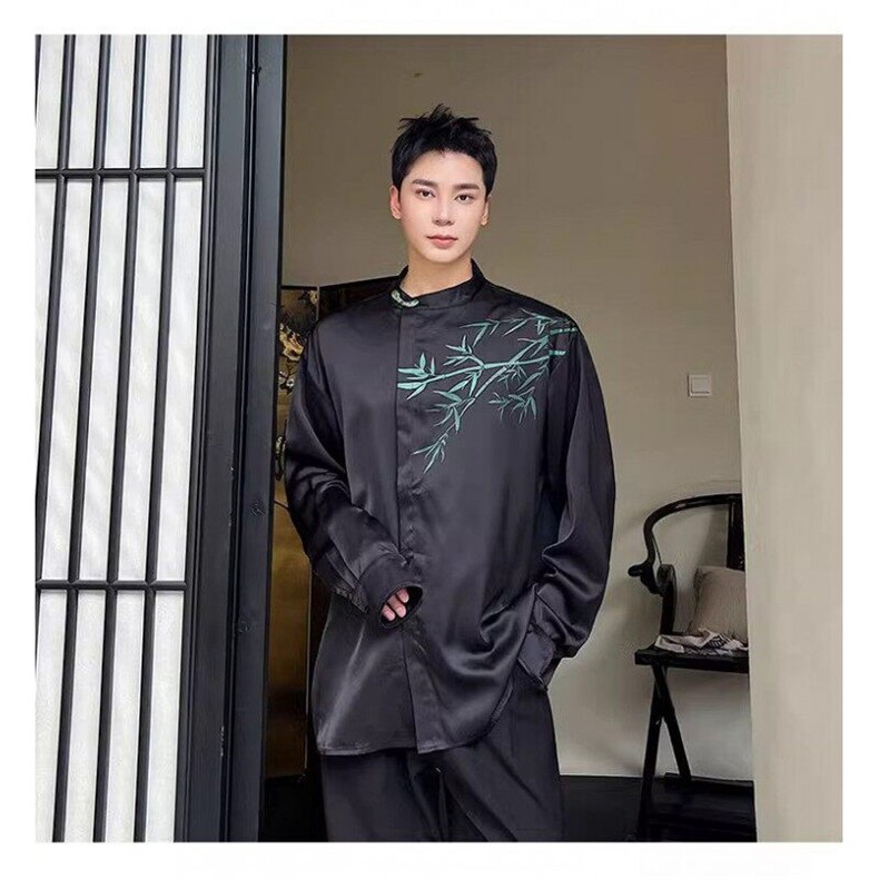新款中式盘扣立领长袖男衬衫潮流复古缎面印花竹叶衬衣男女款C176,男装衬衫,电商A345