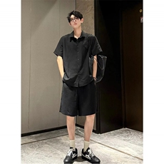 网图慎用夏季薄款亚麻混纺透气衬衫短袖套装两件套男TZ9099P60，男装休闲套装，电商A128