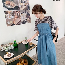 法式气质条纹拼接牛仔连衣裙女2025夏季新款韩版收腰显瘦减龄长裙，女装连衣裙，辉之琳