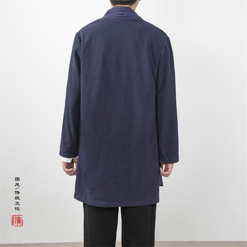 风男装中长款汉服风衣外套棉麻围巾领开衫汉服外套F002P95,男装风衣,钱塘802