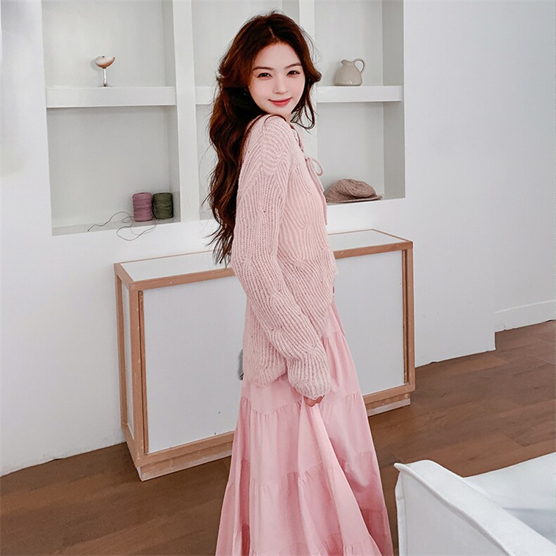 复古宽松显瘦毛针织衫V领春季落肩袖长袖毛衣常规春秋气质时尚，女装套装/套裙，浙宝305