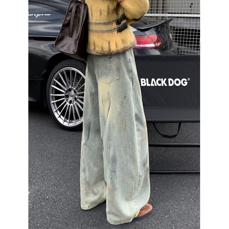 美式脏染水洗做旧直筒牛仔裤男女复古宽松阔腿长裤拖地N05-P50,男装牛仔裤,星座308B-2