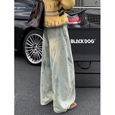 美式脏染水洗做旧直筒牛仔裤男女复古宽松阔腿长裤拖地N05-P50，男装牛仔裤，星座308B-2