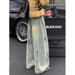 美式脏染水洗做旧直筒牛仔裤男女复古宽松阔腿长裤拖地N05-P50,乐福鞋可以搭配牛仔裙吗图片
