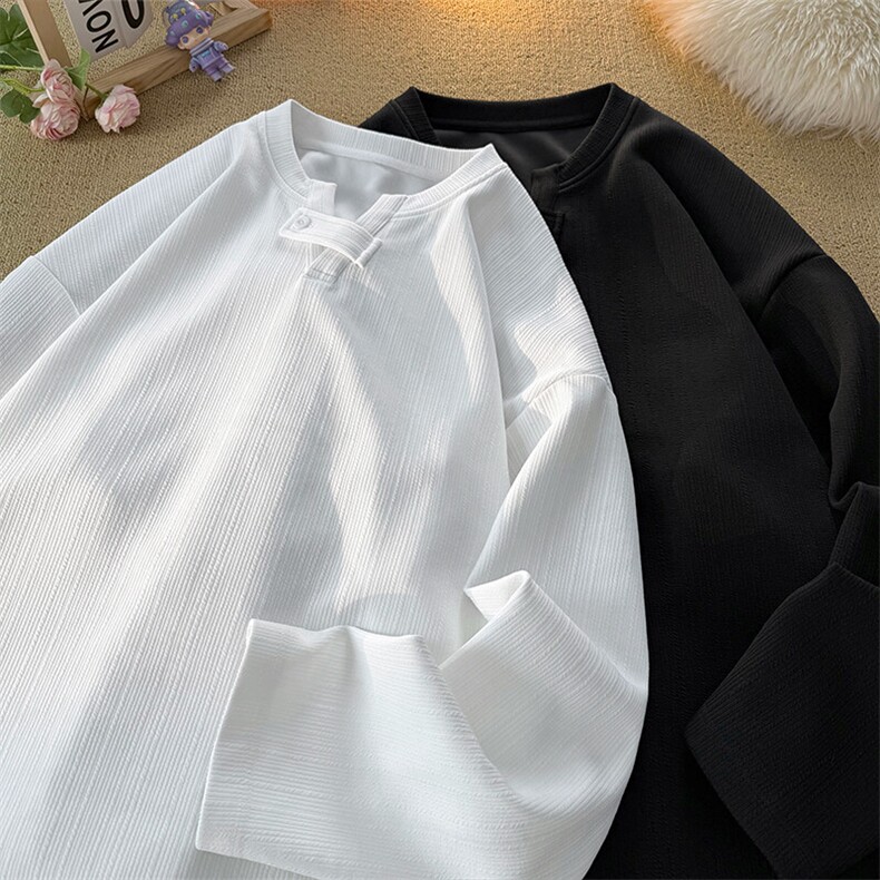 特批P35无差价春季美式复古V领纹理感宽松长袖T恤男中性上衣T5049,男装T恤,电商A001-1