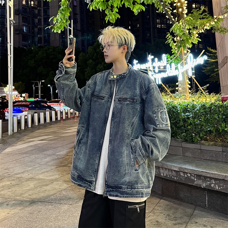 美式街头风牛仔外套男潮牌百搭宽松高街休闲帅气拉链重磅夹克上衣,男装夹克,星座410-6（原星座1304-1）
