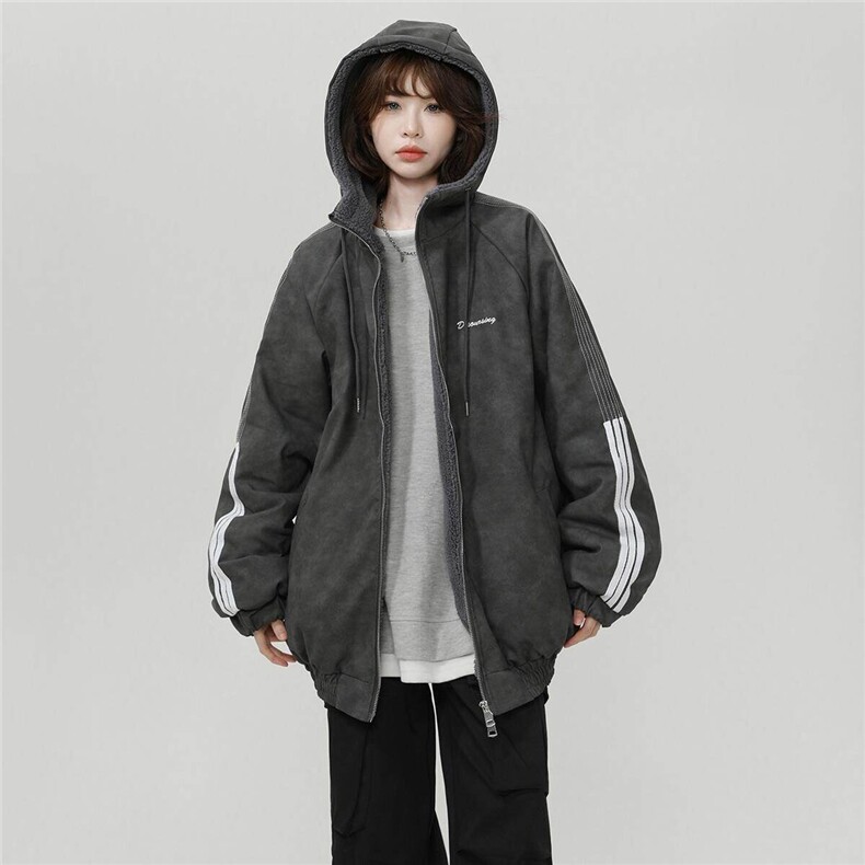 美式复古连帽皮衣羊羔绒棉服男冬三杠棉衣设计感夹棉外套M02/P118图片
