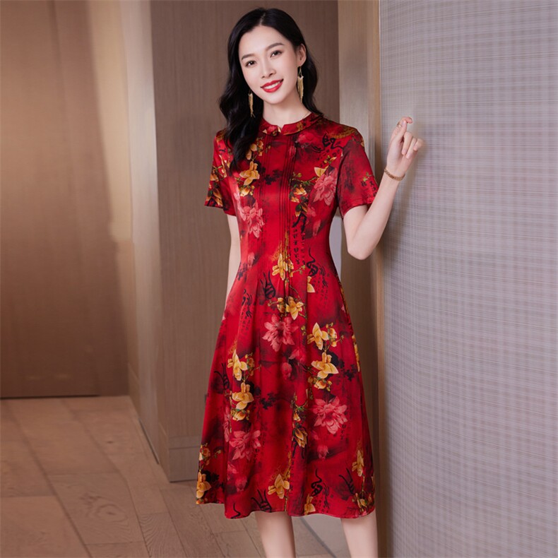 新式改良旗袍喜婆婆时尚妈妈婚宴礼服高级感花罗香云纱真丝连衣裙,女装连衣裙,阿舍尔精品