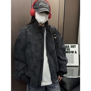 短款扎染脏脏美式复古立领PU皮夹克上衣男女同款外套JK918-特P65图片