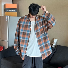 A450-CS999-P65控98早秋薄款潮流长袖格子衬衫百搭款宽松，男装衬衫，电商A450