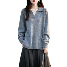 POLO领100%纯羊毛针织衫女外穿宽松毛衣2025秋冬翻领上衣，女装羊毛衫，鲁菏羊绒