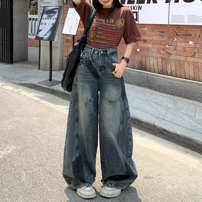 美式潮流水洗破洞休闲牛仔裤女春季设计感高腰宽松阔腿裤灯笼长裤,女装休闲裤,星座218-8
