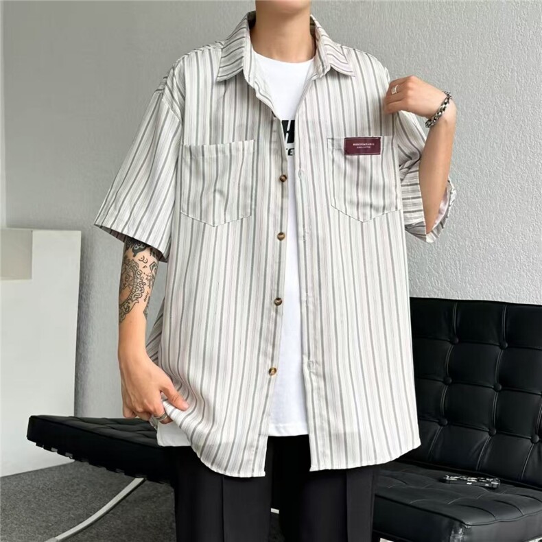 598-P29美式复古日系竖条纹短袖衬衫男女ins潮宽松百搭，男装T恤，电商B323A
