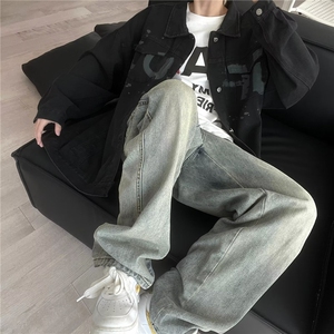 美式潮牌字母印花牛仔外套男女春秋复古宽松百搭潮流帅气百搭夹克图片
