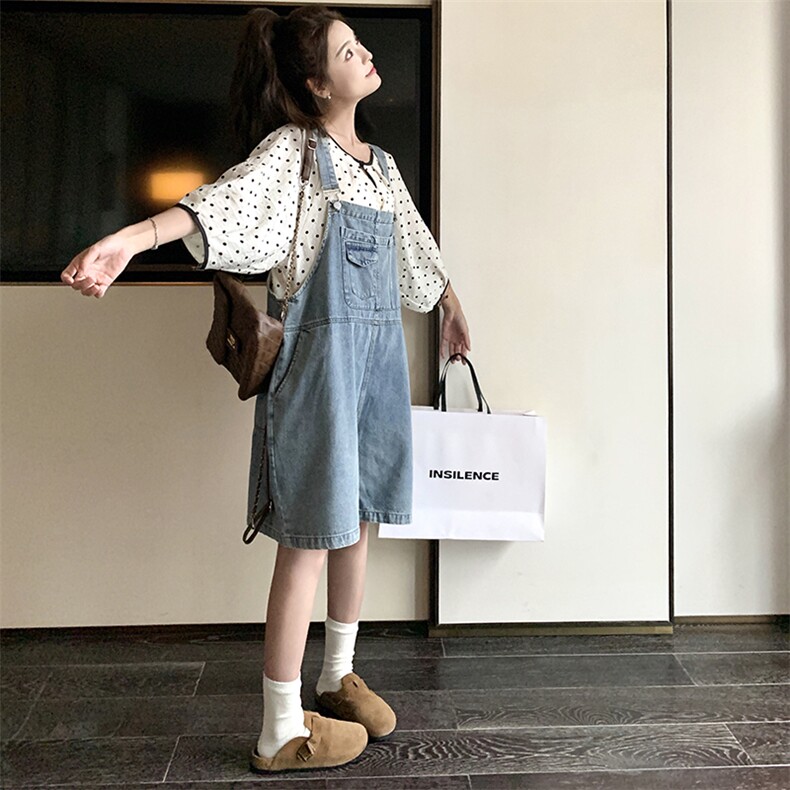炸街减龄牛仔背带裤套装女2025夏季新款宽松波点上衣小个子两件套,女装套装/套裙,2C239