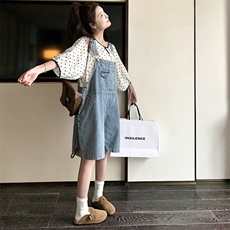 炸街减龄牛仔背带裤套装女2025夏季新款宽松波点上衣小个子两件套，女装套装/套裙，2C239