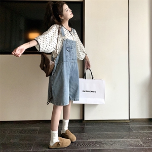 炸街减龄牛仔背带裤套装女2025夏季新款宽松波点上衣小个子两件套图片