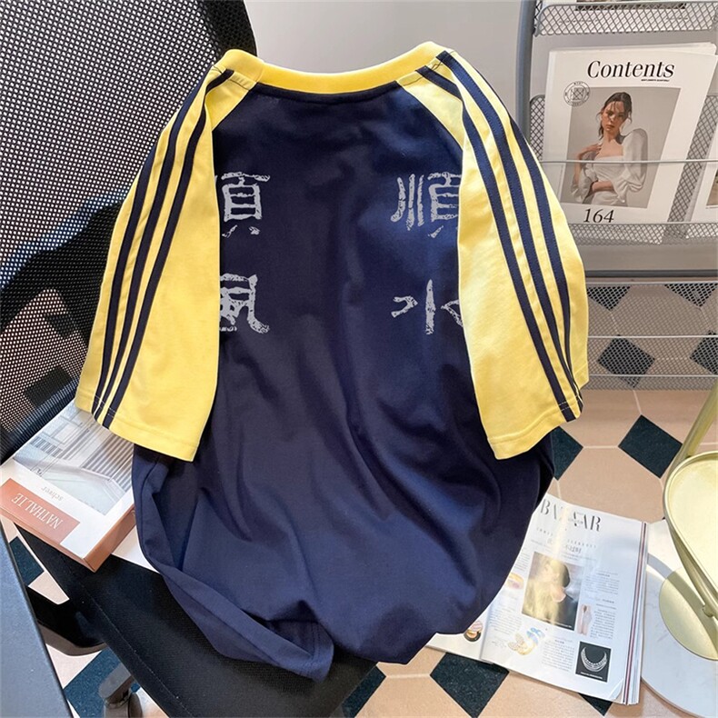 夏季美式高街重磅纯棉三条杠织带插肩撞色男女短袖T恤CZ51-特P25,男装T恤,电商A486