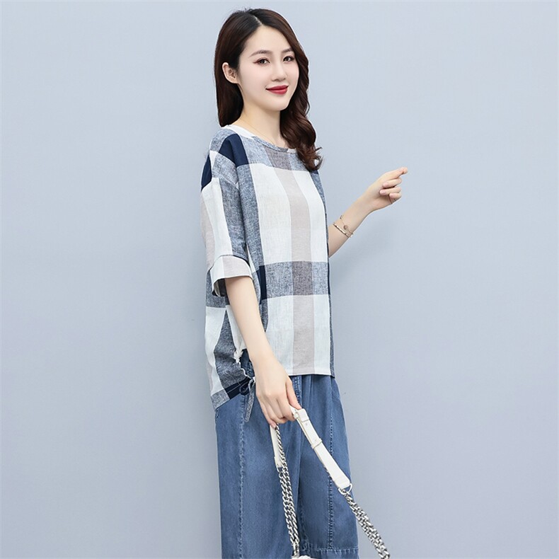 2023夏季棉麻格子简约气质圆领宽松时尚休闲显瘦舒适上衣,女装衬衫,独衣靓