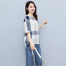 2023夏季棉麻格子简约气质圆领宽松时尚休闲显瘦舒适上衣，女装衬衫，独衣靓