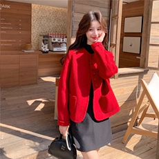 新品红色短款双面羊毛外套2C273-1052-P205-K338，女装毛呢外套，2C273
