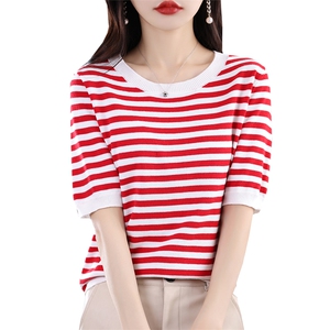 夏季新款条纹圆领短袖宽松韩版100%纯棉女上衣套头T恤打底针织衫图片