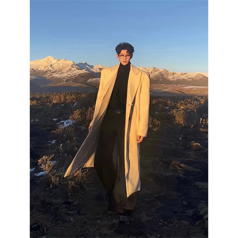 现货~戗驳领收腰垫肩毛呢大衣过膝长款风衣外套Y963-P125，男装风衣，星座1004-3