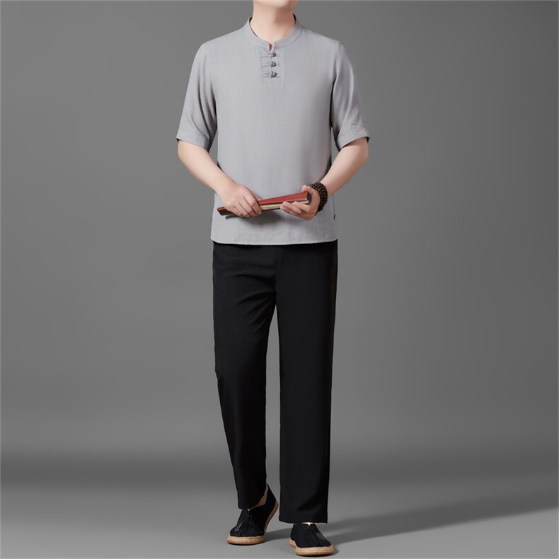 2025夏季亚麻绣花大码风男士透气棉麻盘扣长裤套装MJ5105T-P105,男装休闲套装,星座1105-3