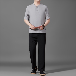 2025夏季亚麻绣花大码风男士透气棉麻盘扣长裤套装MJ5105T-P105图片