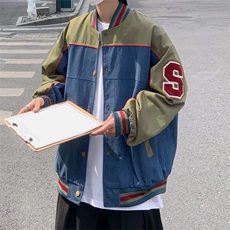 秋冬美式复古水洗牛仔拼接棒球服夹克男宽松休闲外套JK08527-P72，男装夹克，星座308B-1