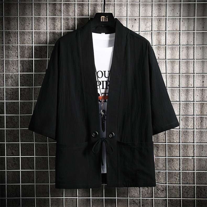 HF59111-P40风汉服男开衫外套七分袖道袍网格挂拍,男装民族服装,电商A040A