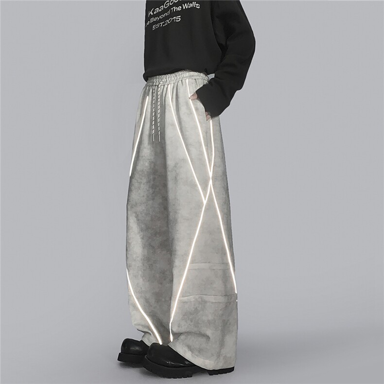 拼接反光条设计阔腿弯刀直筒裤大码M-5XL潮牌卫裤WK78065P68控108，男装休闲裤，星座226-1