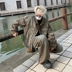 牛仔套装男秋季复古工装休闲夹克ins潮牌青少年翻领上衣TZ09-P115，男装休闲套装，星座308B-1